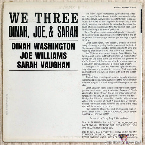 Sarah Vaughan, Dinah Washington, & Joe Williams ‎– We Three vinyl record back cover