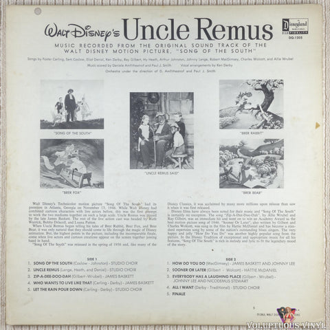 Various – All The Songs From Walt Disney's Uncle Remus vinyl record back cover