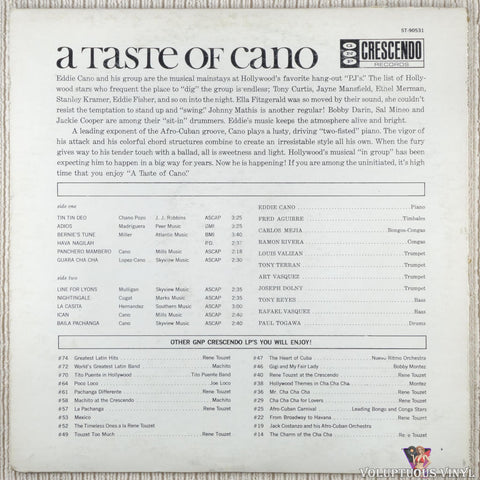 Eddie Cano, His Piano, Orchestra & Chorus – A Taste Of Cano vinyl record back cover