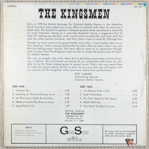 The Kingsmen ‎– Presented By Colonial Mobile Homes vinyl record back cover