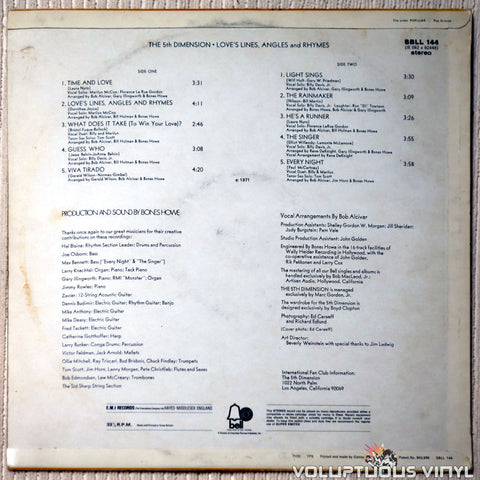 The 5th Dimension ‎– Love's Lines, Angles And Rhymes - Vinyl Record - Back Cover