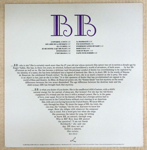 Brigitte Bardot Sings vinyl record back cover