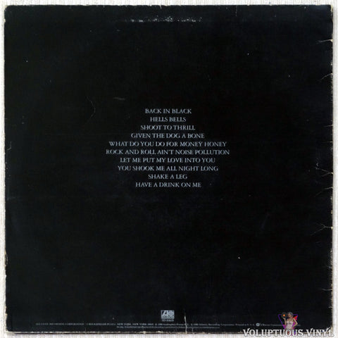 AC/DC ‎– Back In Black vinyl record back cover