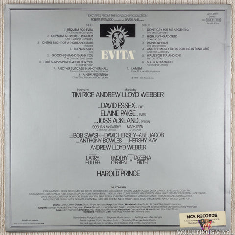Andrew Lloyd Webber And Tim Rice ‎– Evita (Original London Cast Recording) vinyl record back cover