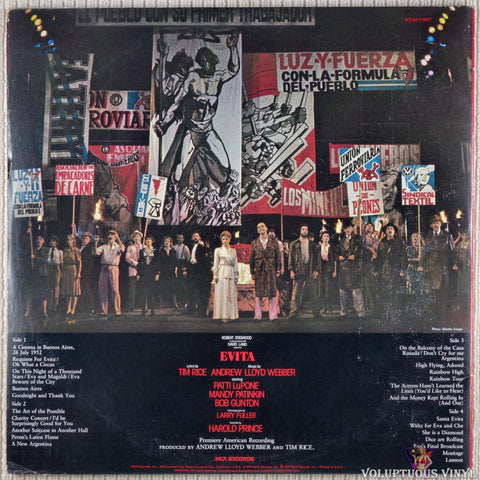 Andrew Lloyd Webber And Tim Rice ‎– Evita: Premiere American Recording vinyl record back cover