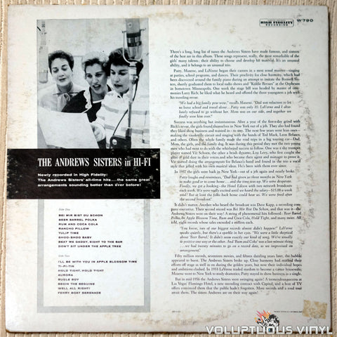The Andrews Sisters ‎– The Andrews Sisters In Hi-Fi vinyl record back cover