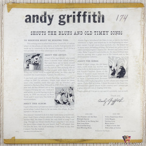 Andy Griffith – Shouts The Blues And Old Timey Songs vinyl record back cover