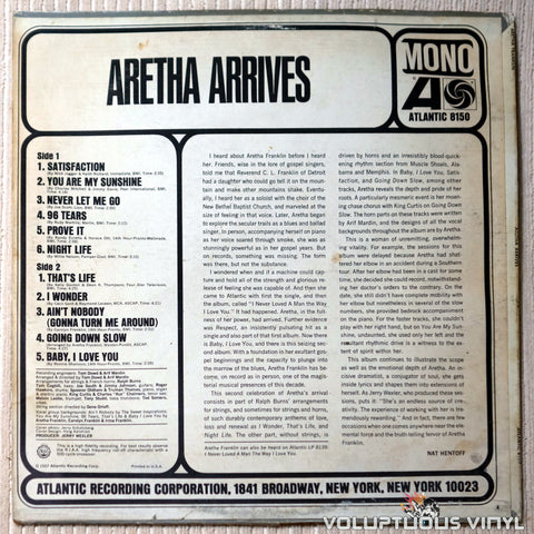 Aretha Franklin ‎– Aretha Arrives - Vinyl Record - Back Cover