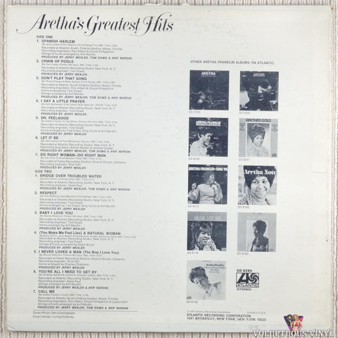Aretha Franklin – Aretha's Greatest Hits vinyl record back cover