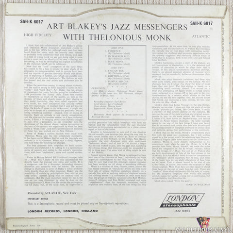 Art Blakey's Jazz Messengers With Thelonious Monk – Art Blakey's Jazz Messengers With Thelonious Monk vinyl record back cover