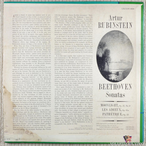 Arthur Rubinstein, Beethoven – Sonatas: Moonlight, Pathetique, Les Adieux vinyl record back cover