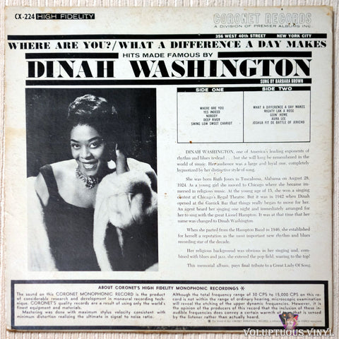 Barbara Brown ‎– Hits Made Famous By Dinah Washington vinyl record back cover