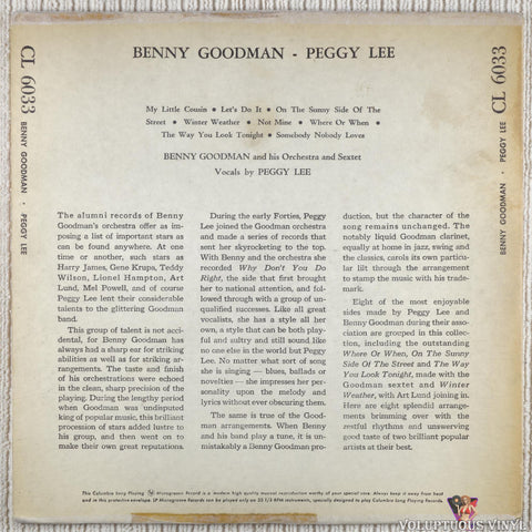 Benny Goodman His Orchestra And Sextet / Peggy Lee – Benny Goodman With Peggy Lee vinyl record back cover
