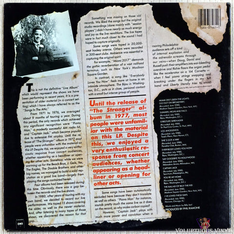 Billy Joel ‎– Songs In The Attic vinyl record back cover