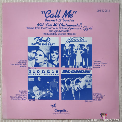 Blondie ‎– Call Me (Spanish 12" Version) vinyl record back cover