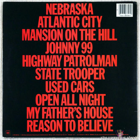 Bruce Springsteen ‎– Nebraska vinyl record back cover