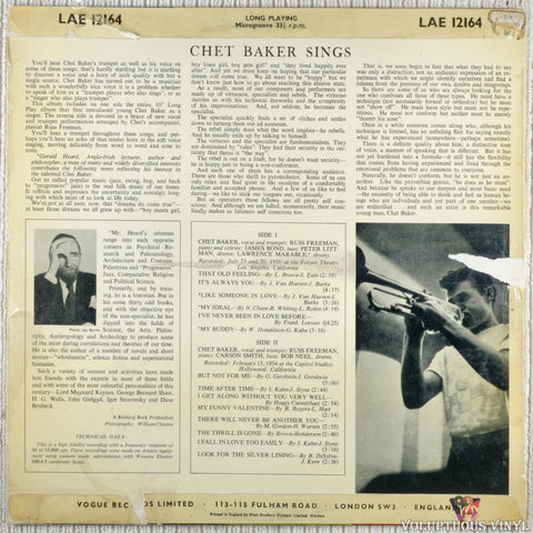 Chet Baker – Chet Baker Sings vinyl record back cover