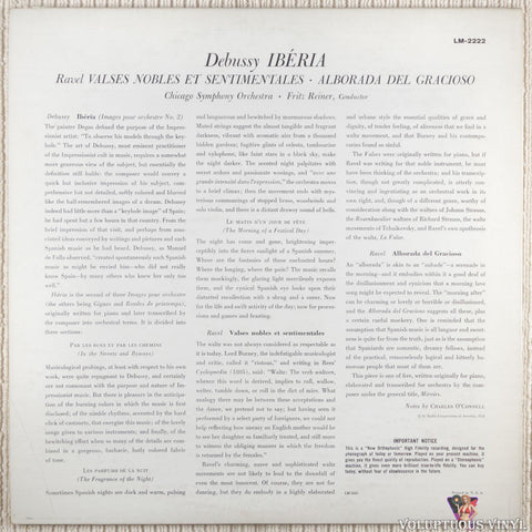 Claude Debussy / Maurice Ravel - Fritz Reiner, Chicago Symphony Orchestra – Iberia / Alborado Del Gracioso / Valses Nobles Et Sentimentales vinyl record back cover