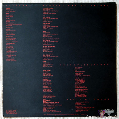 David Bowie ‎– Young Americans vinyl record back cover