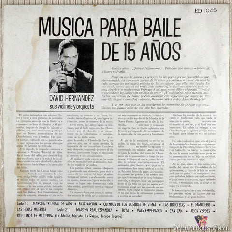 David Hernandez Sus Violines Y Orquestra ‎– Musica Para Baile De 15 Años vinyl record back cover