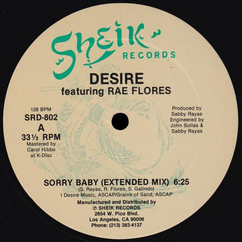 Desire Featuring Rae Flores – Sorry Baby (1986) 12" Single