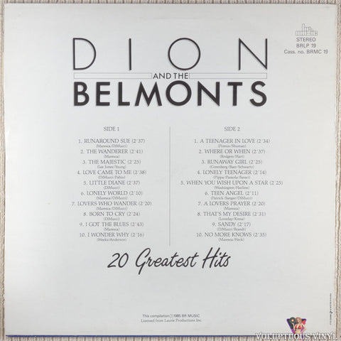 Dion And The Belmonts ‎– 20 Greatest Hits vinyl record back cover