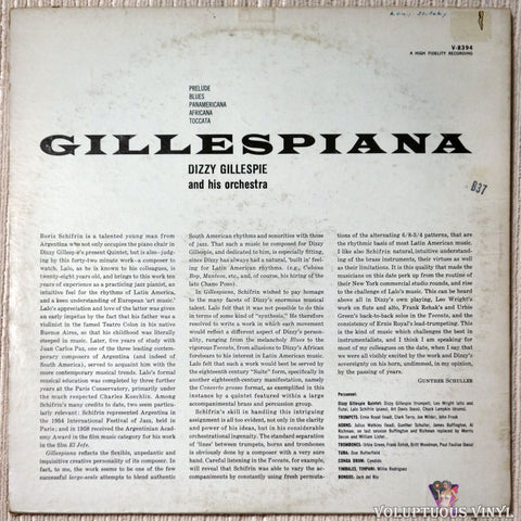 Dizzy Gillespie And His Orchestra ‎– Gillespiana vinyl record back cover