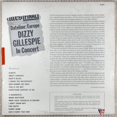Dizzy Gillespie ‎– Dateline: Europe Dizzy Gillespie In Concert vinyl record back cover