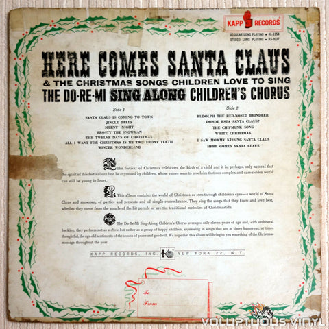 Do Re Mi Children's Chorus ‎– Here Comes Santa Claus and The Christmas Songs Children Love To Sing - Vinyl Record - Back Cover