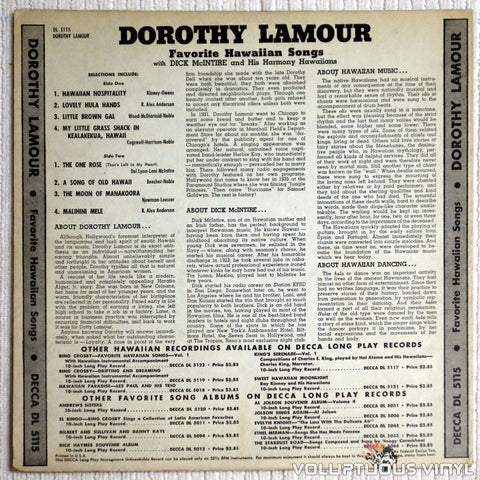 Dorothy Lamour - A Collection Of Favorite Hawaiian Songs - Vinyl Record - Back Cover