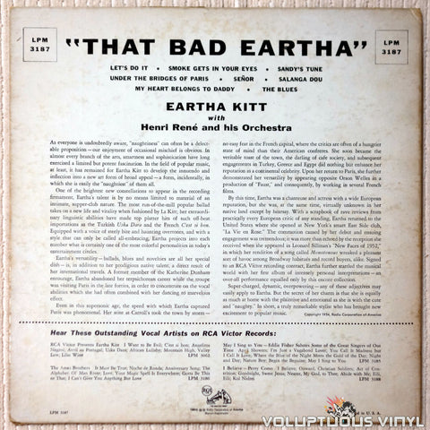 Eartha Kitt With Henri René And His Orchestra ‎– That Bad Eartha vinyl record back cover
