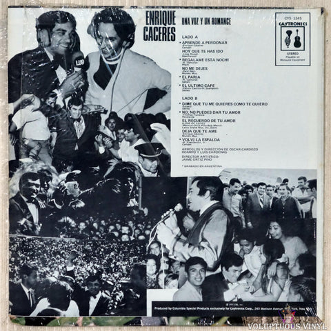 Enrique Cáceres ‎– Enrique Caceres: Una Voz Y Un Romance vinyl record back cover