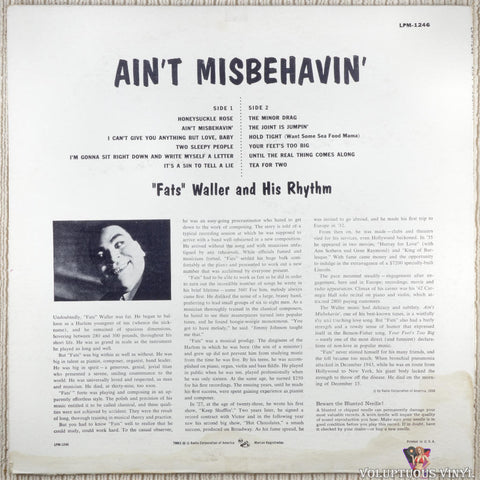 Fats Waller And His Rhythm – Ain't Misbehavin' vinyl record back cover
