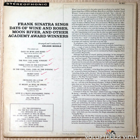 Frank Sinatra ‎– Sings Days Of Wine And Roses, Moon River, And Other Academy Award Winners - Vinyl Record - Back Cover