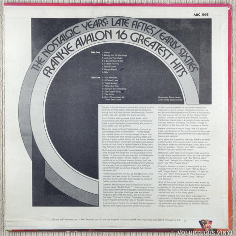 Frankie Avalon – 16 Greatest Hits vinyl record back cover