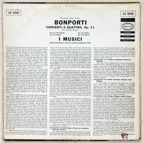 Fransesco-Antonio Bonporti, I Musici ‎– Concerti A Quattro, Op.11 vinyl record back cover