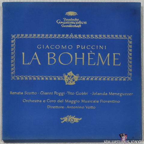 Giacomo Puccini, Antonino Votto, Jolanda Meneguzzer, Tito Gobbi, Gianni Poggi, Renata Scotto ‎– La Bohème (Complete) vinyl record front cover