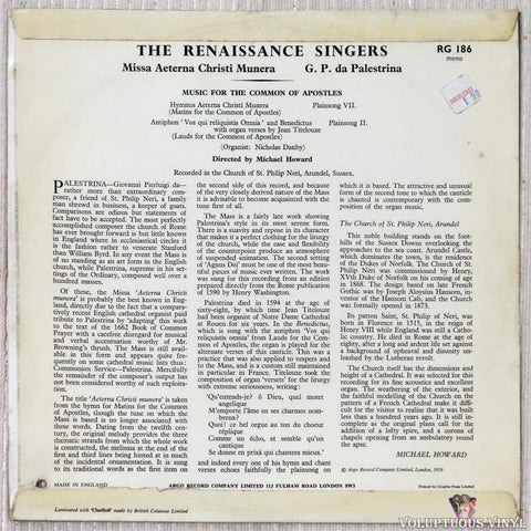 Giovanni Pierluigi da Palestrina, The Renaissance Singers Directed By Michael Howard ‎– Missa Aeterna Christi Munera vinyl record back cover