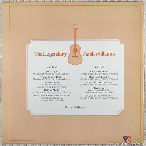 Hank Williams ‎– The Legendary Hank Williams vinyl record back cover