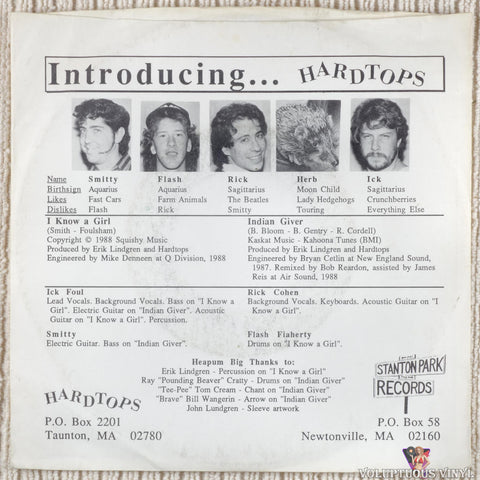 Hardtops ‎– I Know A Girl / Indian Giver vinyl record back cover