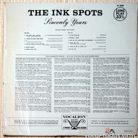 The Ink Spots ‎– Sincerely Yours vinyl record back cover