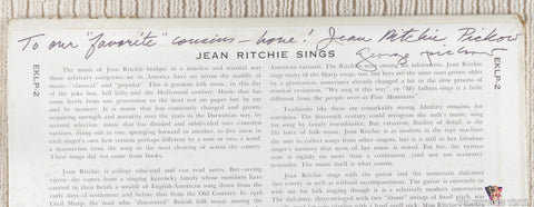 Jean Ritchie ‎– Jean Ritchie Singing The Traditional Songs Of Her Kentucky Mountain Family vinyl record back cover autograph