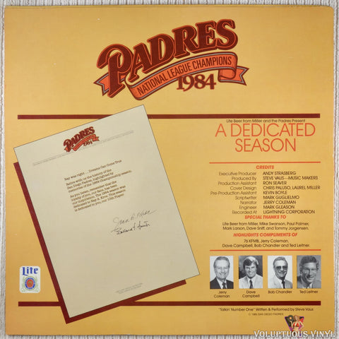 Jerry Coleman ‎– Padres National League Champions 1984: A Dedicated Season vinyl record back cover
