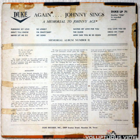 Johnny Ace ‎– Memorial Album For Johnny Ace vinyl record back cover