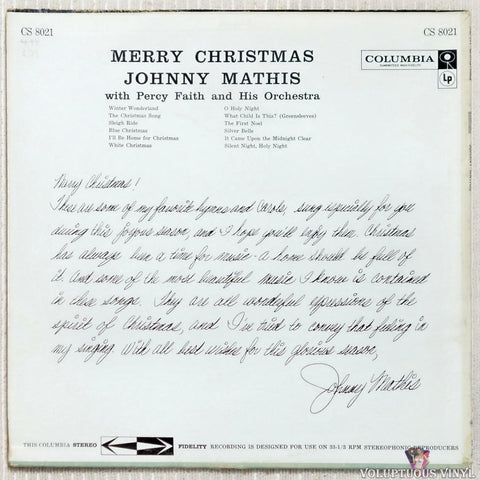 Johnny Mathis ‎– Merry Christmas vinyl record back cover