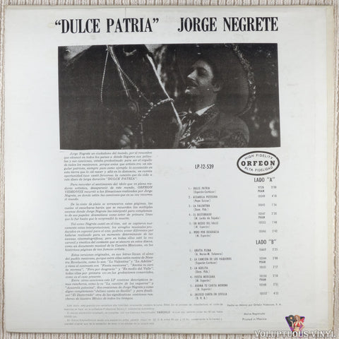Jorge Negrete ‎– Dulce Patria vinyl record back cover