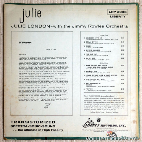 Julie London ‎– Julie - Vinyl Record - Back Cover