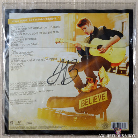 Justin Bieber ‎– Believe vinyl record autographed lyric sheet