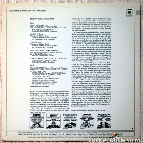 Beethoven ‎– Beethoven's Greatest Hits vinyl record back cover