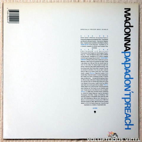 Madonna ‎– Papa Don't Preach vinyl record back cover